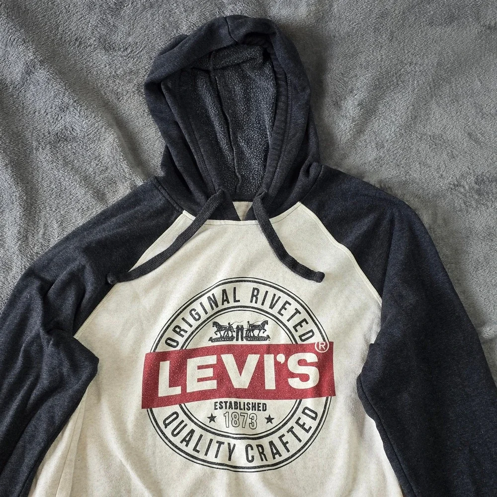 Levis Mens Hoodie Medium Gray‎ White Raglan Graphic Logo Sweatshirt 3LGLK2080